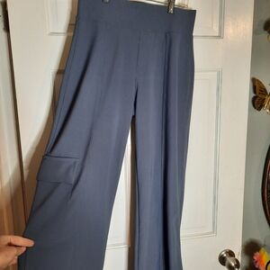 Women's Blue Ribbed Wide-Leg Pants With Cargo Pocket